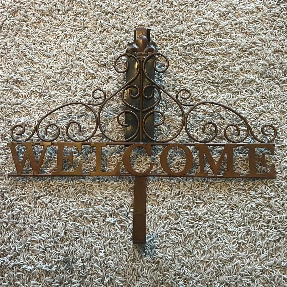 Bronze Metal Welcome Over The Door Wreath Hanger Scroll Fleur De Lis 19 Inch